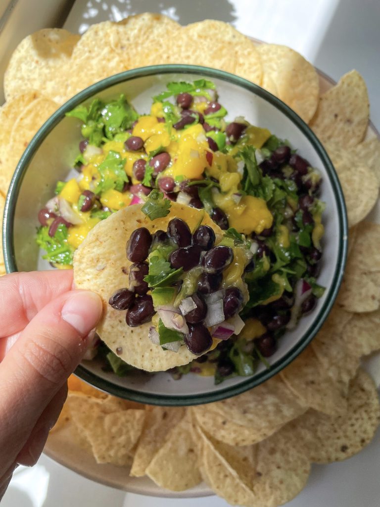 black bean mango salsa mothers day appetizer with tortilla chips