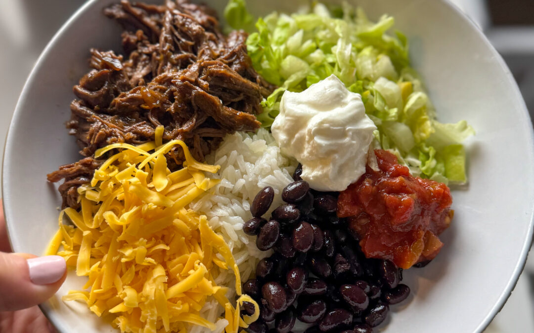 slow cooked flank steak burrito bowls