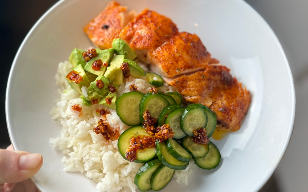 salmon bowls with marinated cucumbers