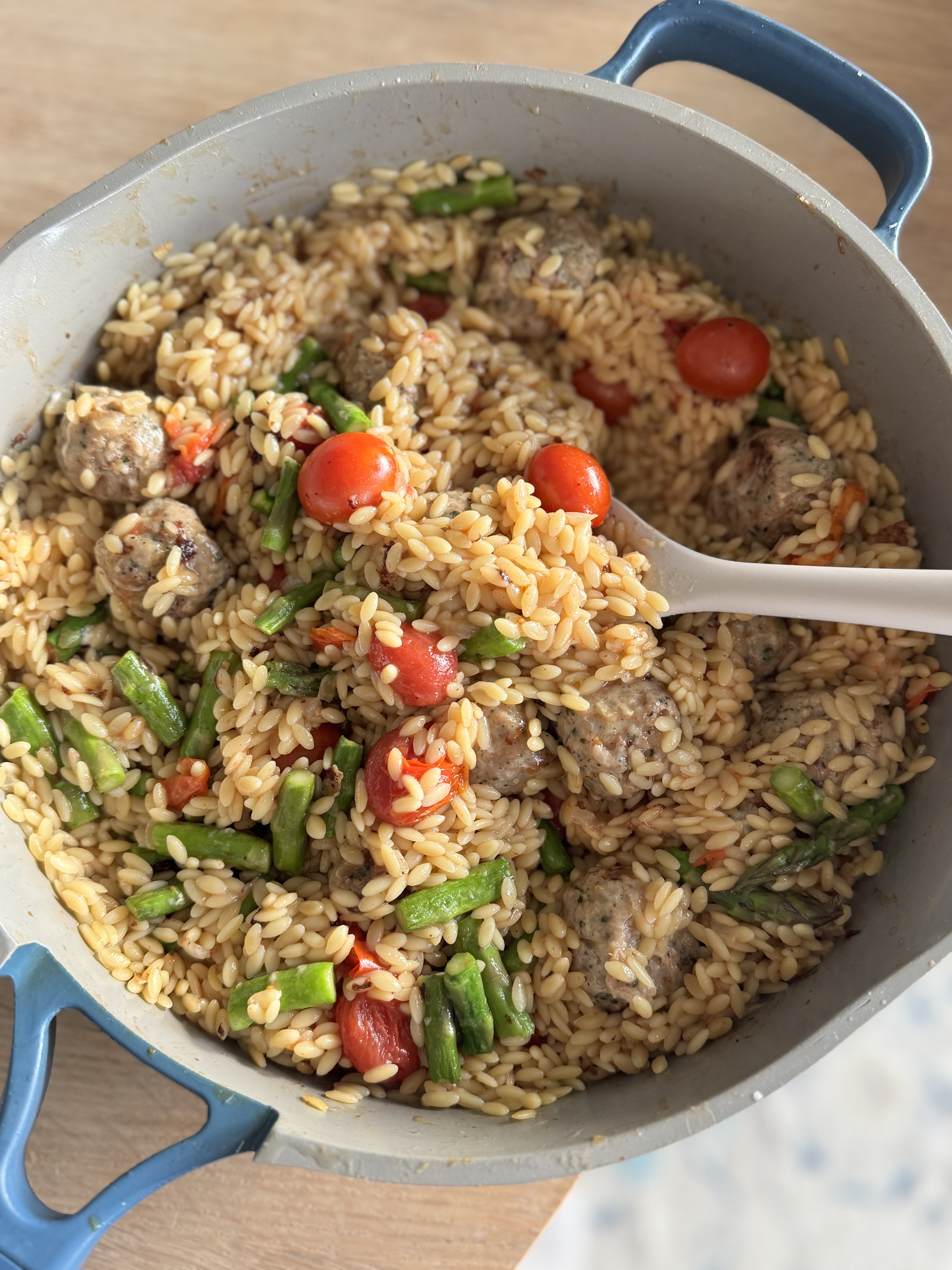 One Pot Chicken Meatball Orzo and Vegetables