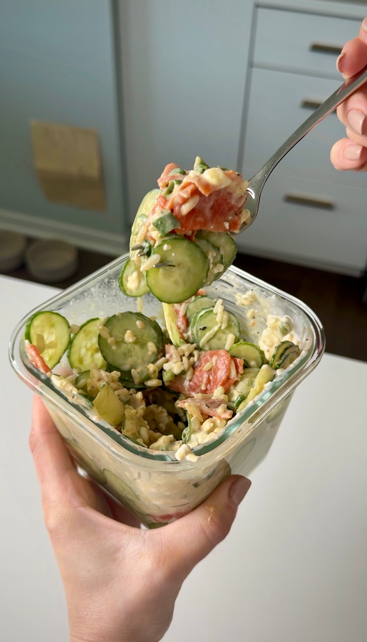 high protein sushi cucumber salad in a jar ready to shake