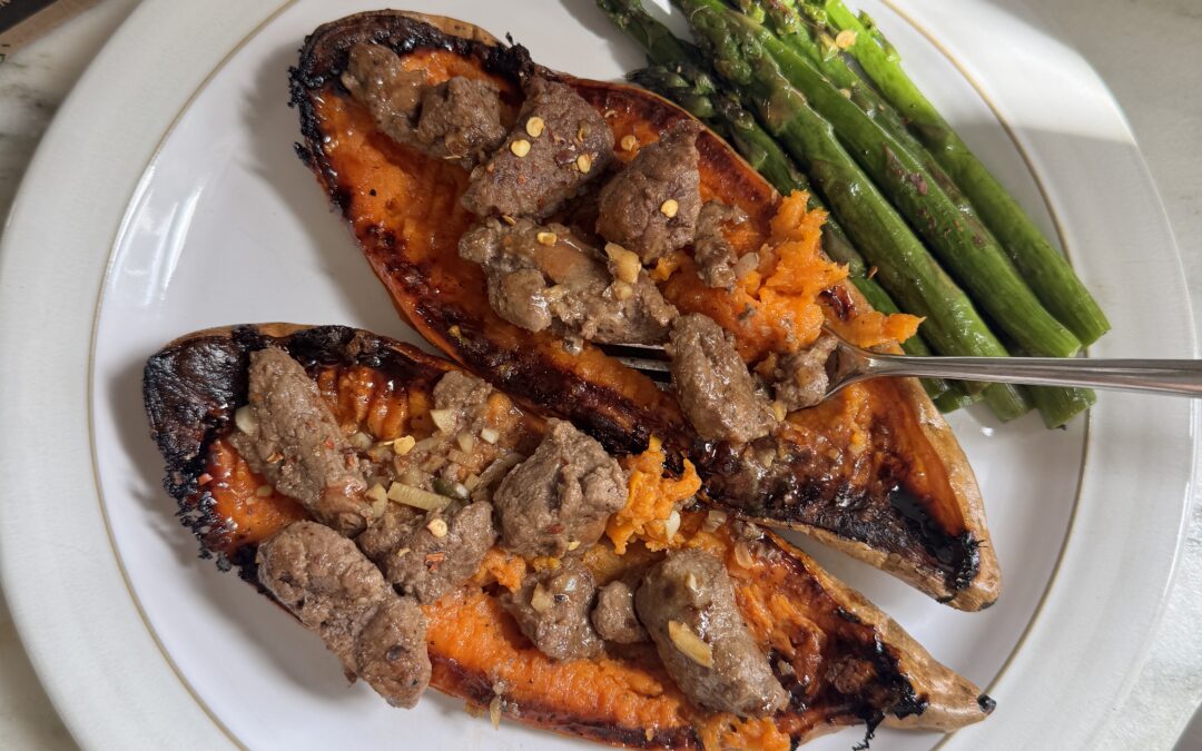 Roasted Sweet Potatoes with Garlic Butter Steak Tips