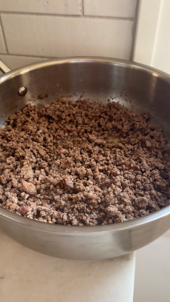 Close-up of ground beef and broccoli with tender-crisp broccoli