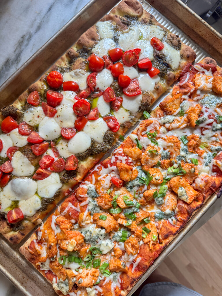 Caprese pesto and buffalo chicken flatbread pizzas fresh from the oven
