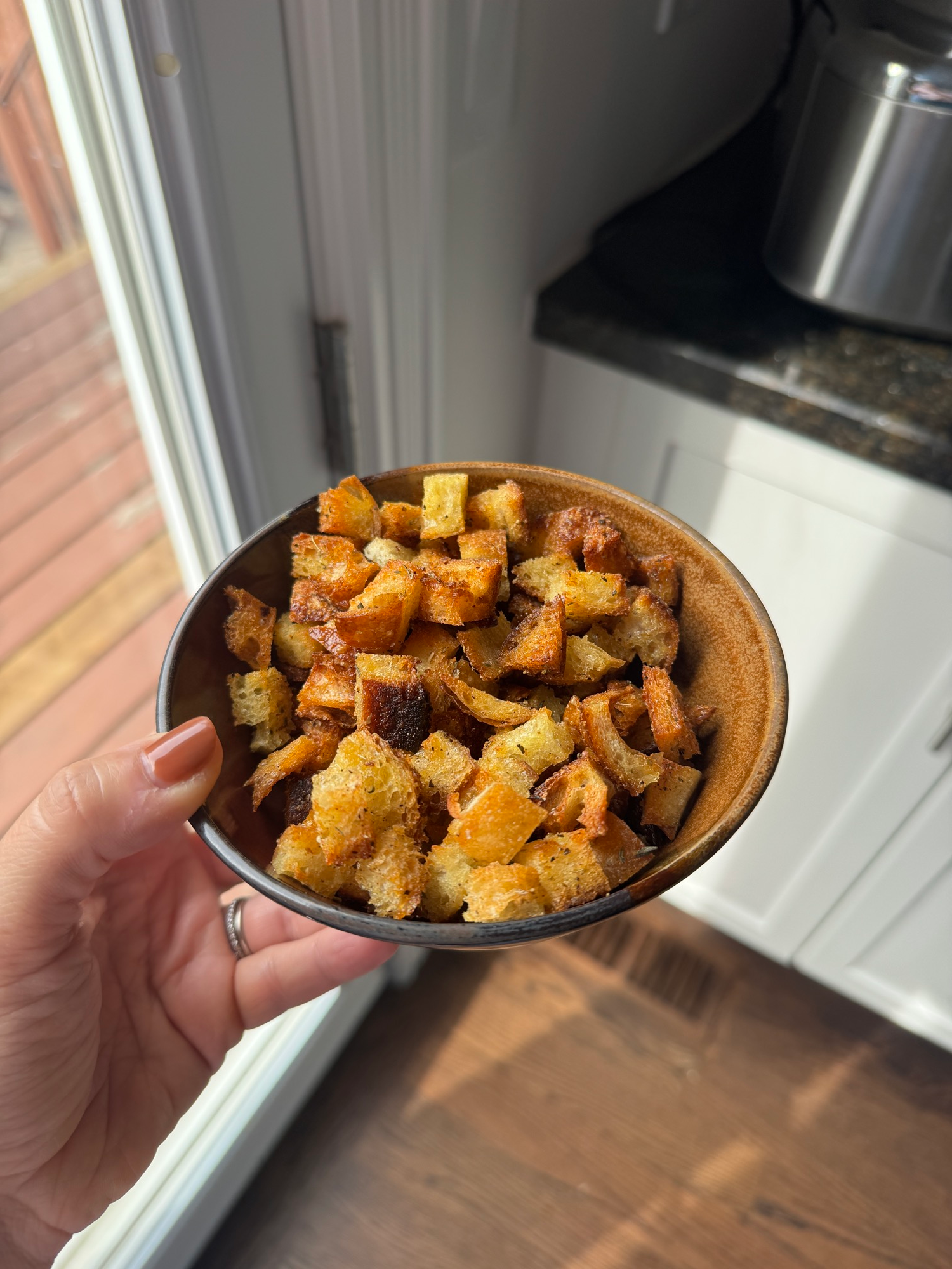 A bowl of easy air fryer croutons