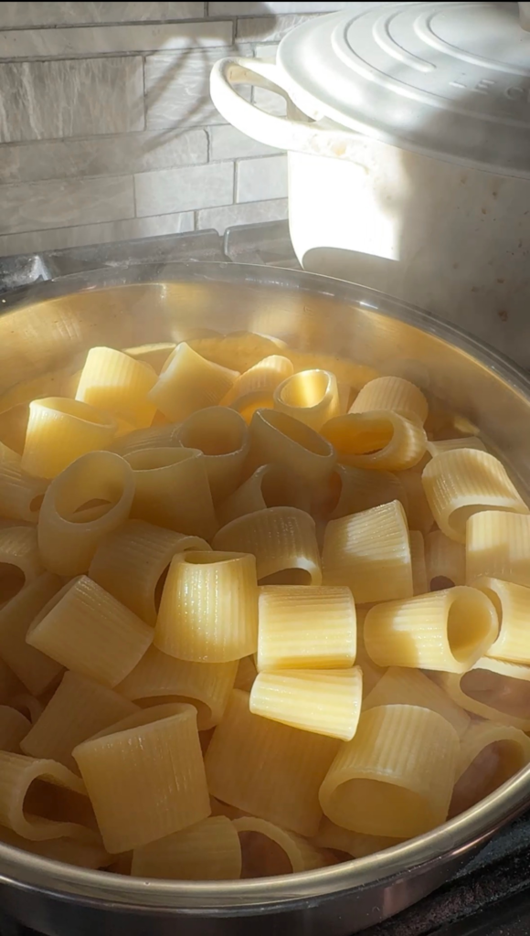 Cooked short pasta in a pot