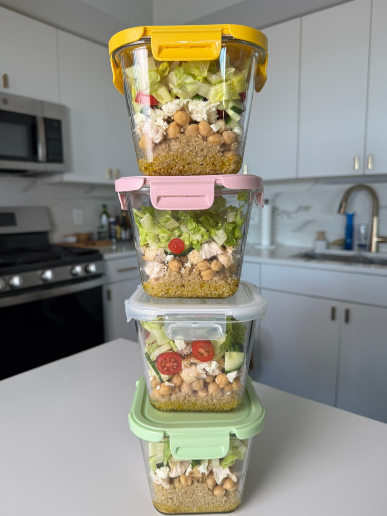 Stacked jars of layered chickpea chicken salad meal prep