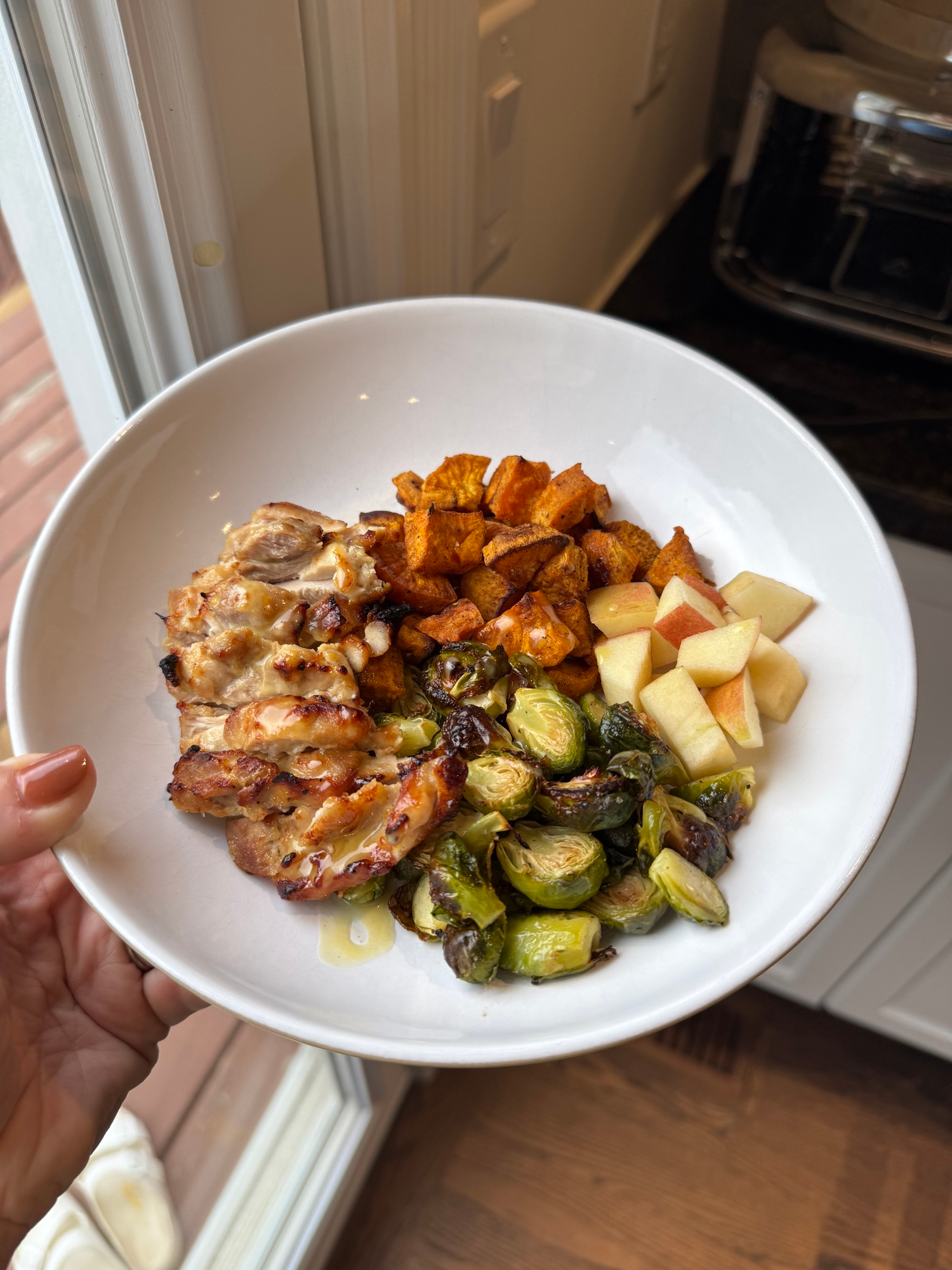 Fall harvest bowls with maple Dijon chicken, sweet potatoes, Brussels sprouts, and apple