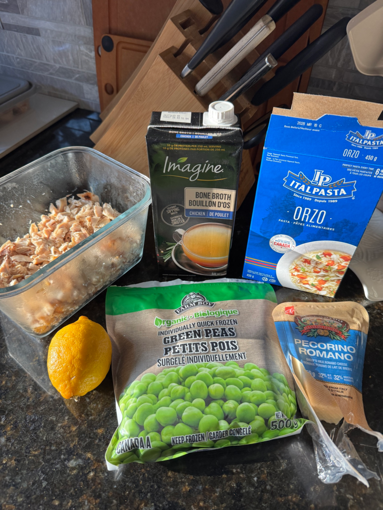 Orzo, bone broth, peas, rotisserie chicken, lemon, and Pecorino for peas and parmesan orzo