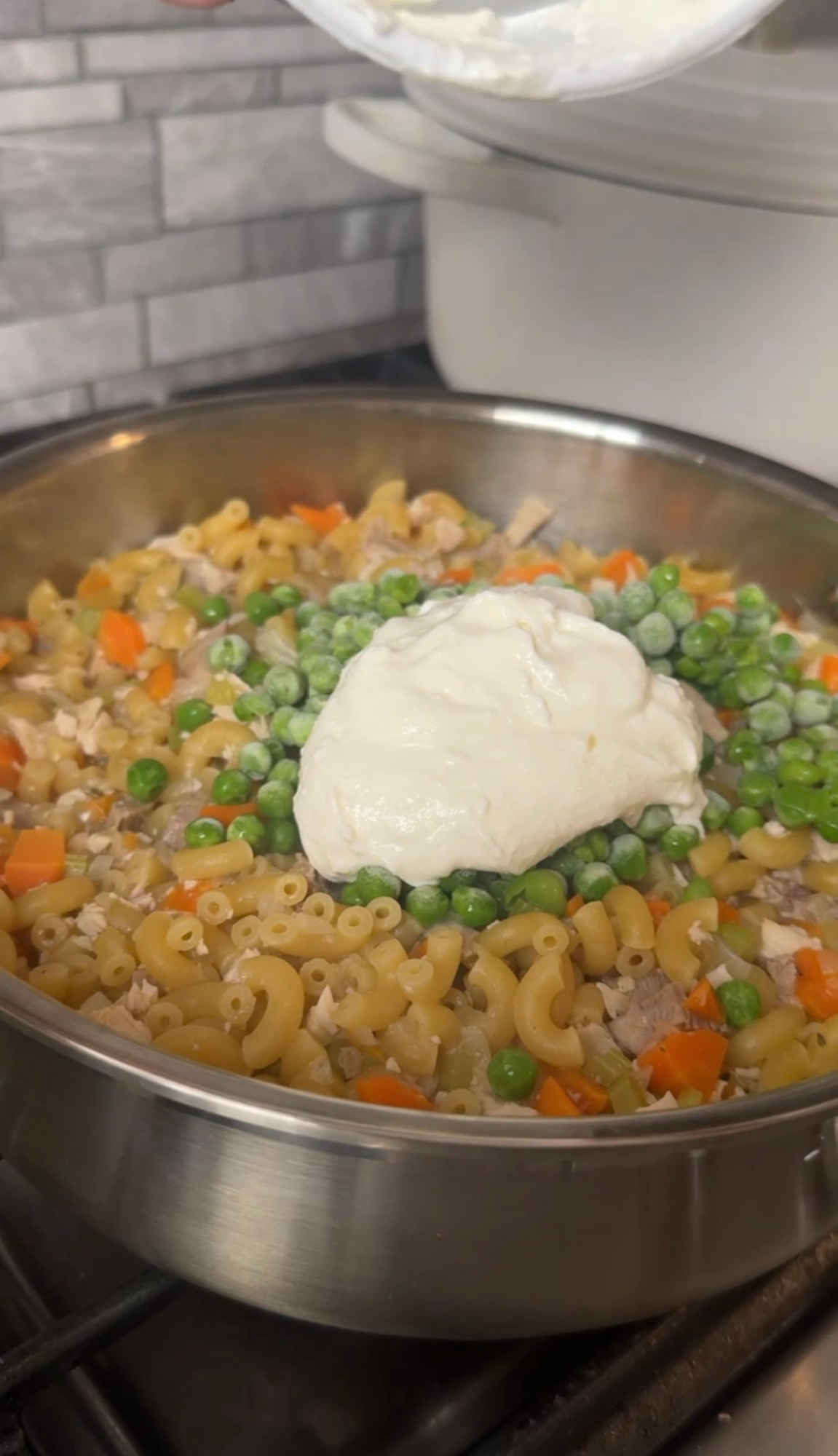 Blended cottage cheese added to the pot for a creamy sauce