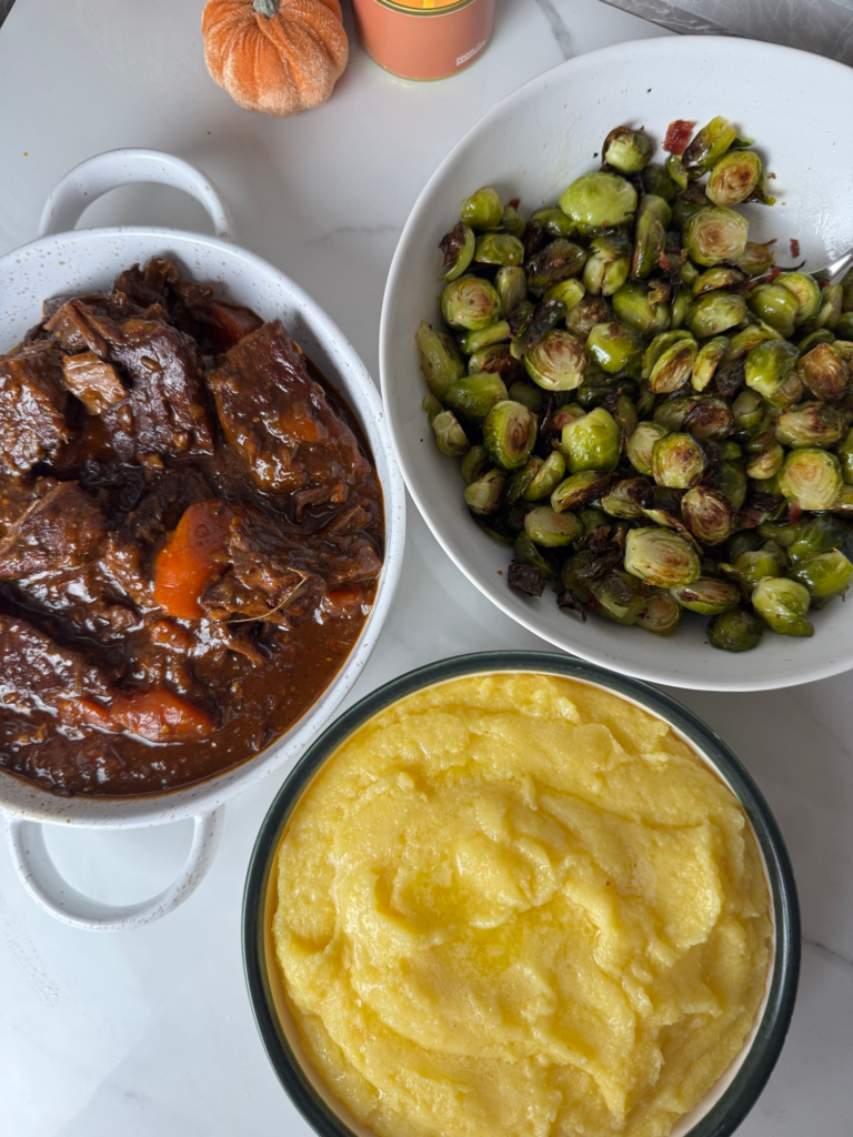 Braised beef ribs with polenta and brussels sprouts